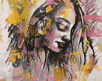 Kunstwerk portret met diverse stijlen in roze zwart en geel