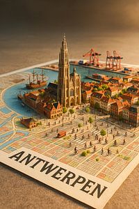 Cathédrale d'Anvers &amp ; Port Cranes 3D Map - Belgian City Wall Art