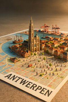 Antwerpener Kathedrale & Hafenkräne 3D Karte - Belgische Stadt Wandkunst von Travel Shop