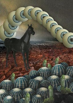 Surrealistisch landschap met zwarte zwijgende paarden, cactussen en ogen