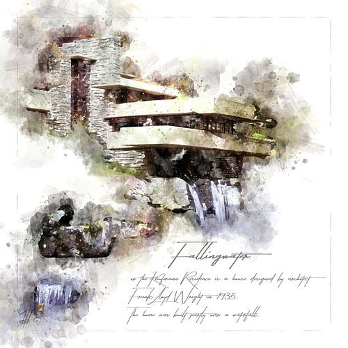 Fallingwater, aquarel, Frank Lloyd Wright,