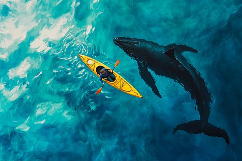 Kajakker en walvis in de blauwe zee