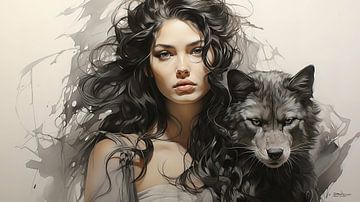 tekening van een meisje met een wolf van Gelissen Artworks