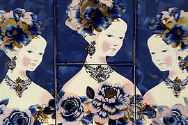 Dutch tile picture with 3 ladies by Ton Kuijpers