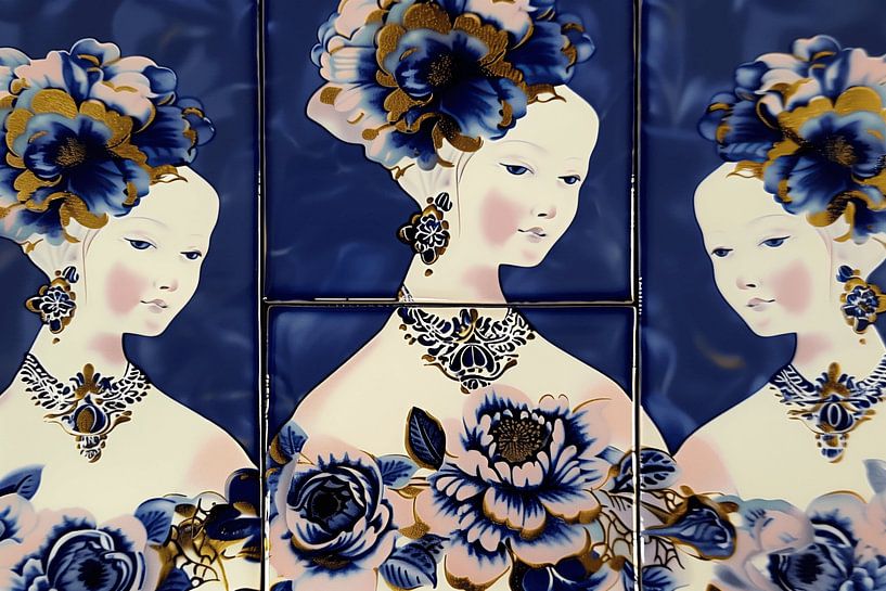 Dutch tile picture with 3 ladies by Ton Kuijpers