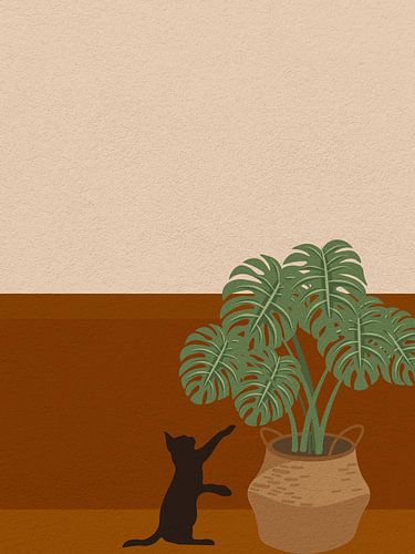 Minimal art van kat spelend met planten