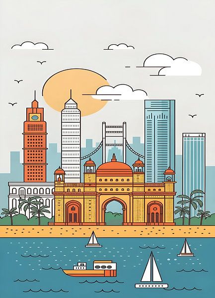 Porte de Mumbai : Illustration du paysage urbain côtier par Art Kingdom