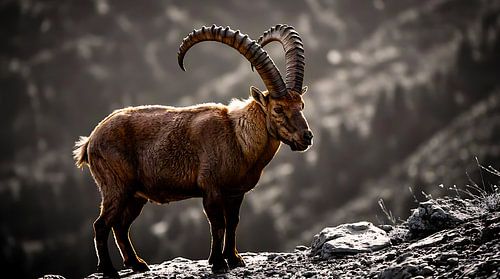 Majestic Alpine Ibex on Mountain Cliff Backlit Wildlife Photography Wall Art