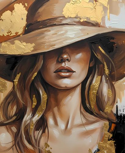 Vrouw met hoe in goud en taupe