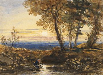 Frau wäscht Wäsche bei Sonnenuntergang, Samuel Palmer