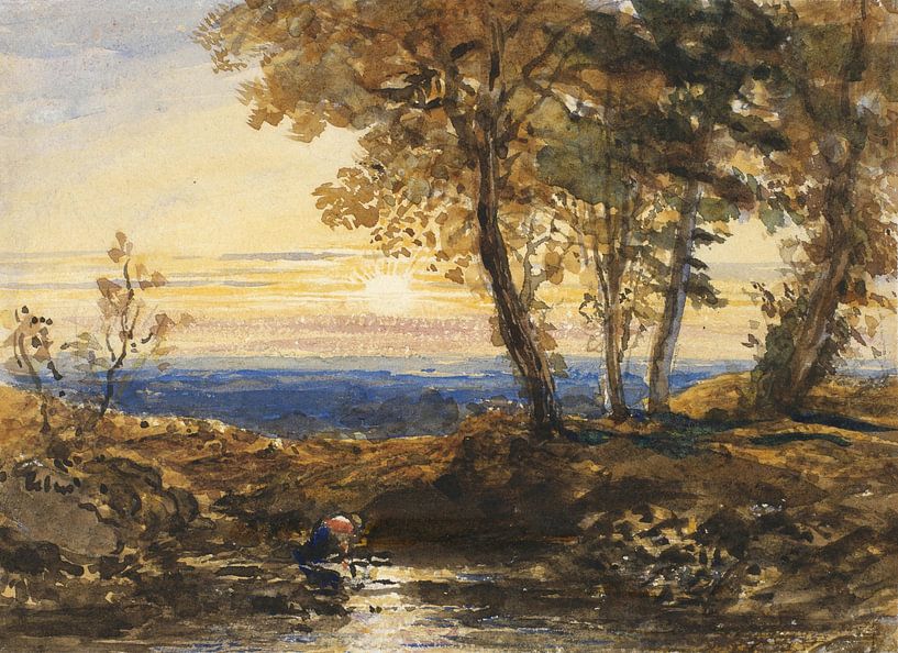 Frau wäscht Wäsche bei Sonnenuntergang, Samuel Palmer von Meisterhafte Meister