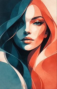 Ethereal Duality Minimalist Teal and Coral Graphic Portrait