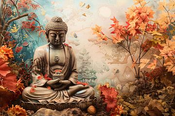 Mediterende Boeddha tussen herfstbladeren van Art & Soul Creations