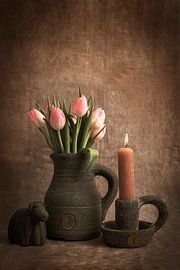 Tulips on a pitcher with candle and sheep by Humphry Jacobs