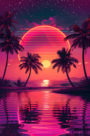 Synthwave Sunset: Neon-Reflektionen unter Palmen von Dave Schloffi