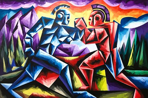 Kleurrijke kubistische strijders in landschap