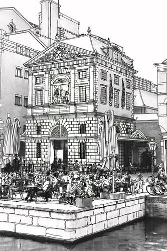 Aquarel Pentekening Waag Leiden Nederland Tekening Lijntekening