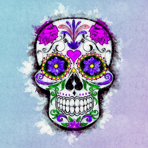 Sugar Skull - Psychedelic Halloween Watercolor Painting by Andreea Eva Herczegh