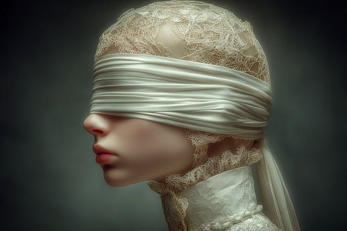 surrealistisch portret van geblinddoekte vrouw