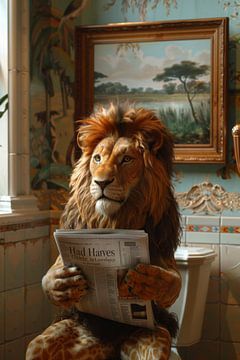 Lion reading newspaper on toilet - Humorous animal poster by Felix Brönnimann