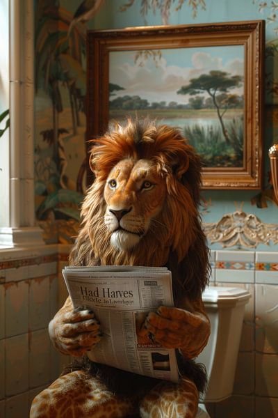Lion lisant le journal dans les toilettes - Poster animalier humoristique par Poster Art Shop