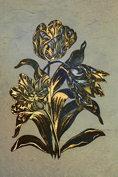 Tulp in warm Blauw, Goud en Brons. van Alie Ekkelenkamp