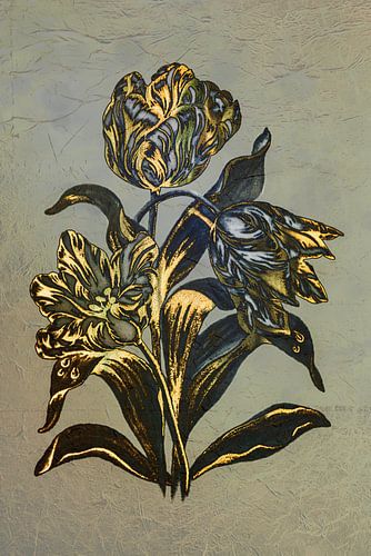 Tulipe en bleu chaud, or et bronze.