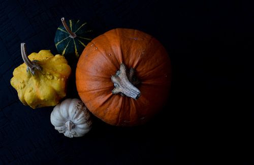 Sfeervolle pompoenen als stilleven met een donkere achtergrond