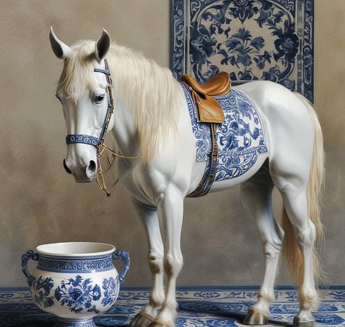 Een wit paard dutch blue painted art.