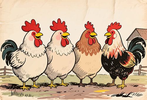 Portretillustratie van zingende hanen op het platteland