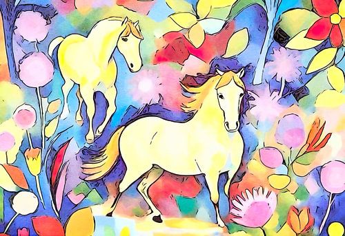 Paarden in het bloemenveld