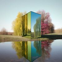Kubus natuur spiegel surrealistisch meer landschap kleurrijke illusie
