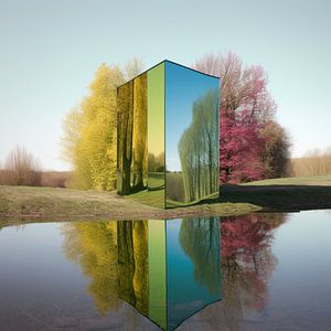 Würfel Natur Spiegel surreal See Landschaft farbig Illusion