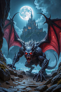 Dark Fantasy Wandbild: MORBRYX – Der wilde Vampir vor einer epischen Burg