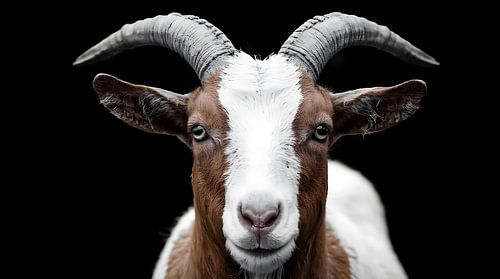 Wanddecoratie met afbeelding van een geit met hoorns, fotografie van boerderijdieren