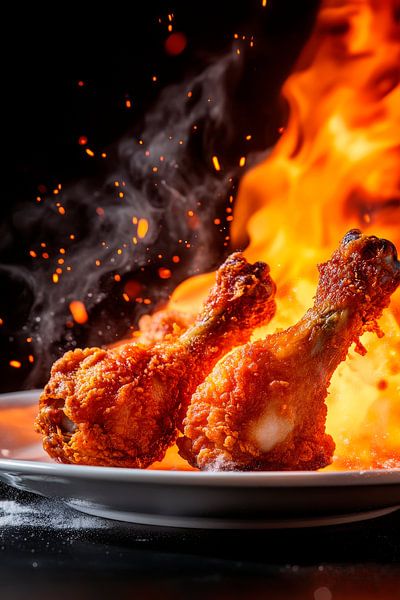 Crispy chicken thighs in a sea of flames by Poster Art Shop