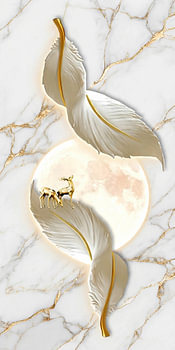 Moderne witte 3D-veren met een gouden hert en een volle maan tegen een achtergrond van marmer met gouden aders