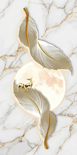 Moderne weiße 3D-Federn mit goldenem Hirsch und Vollmond auf einem Hintergrund aus golddurchzogenem Marmor