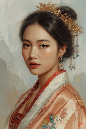 Originele Tibetaanse vrouw in traditionele kleding en juwelen uit de 18de eeuw.