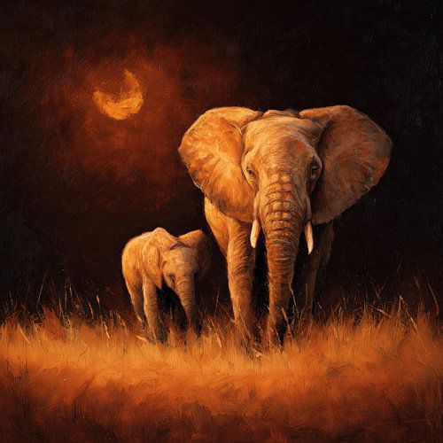 Éléphant abstrait, mère et petit, dans la nuit