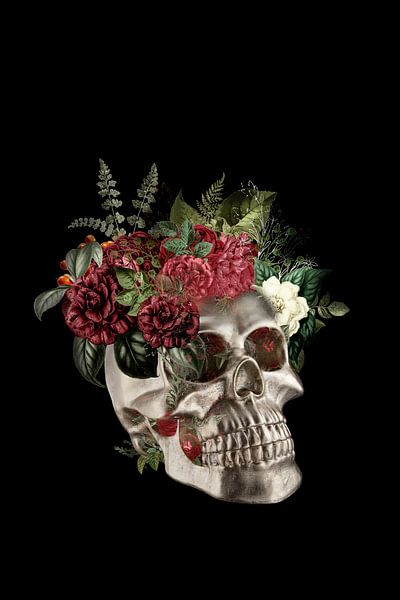 Skull mit Blumen auf schwarzem Hintergrund von Dreamy Faces