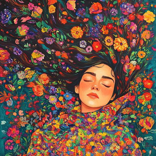 Flowers Dream | Woman in Flower Sea Dream by Eye catching paintings