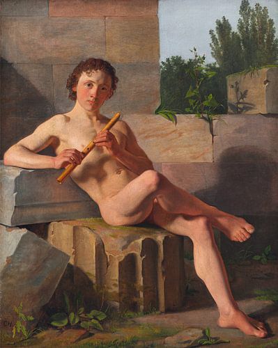 Constantin Hansen, mannelijk model dat fluit speelt, ca 1826