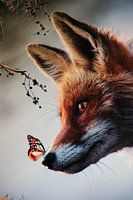 Fox with butterfly on his nose in the forest