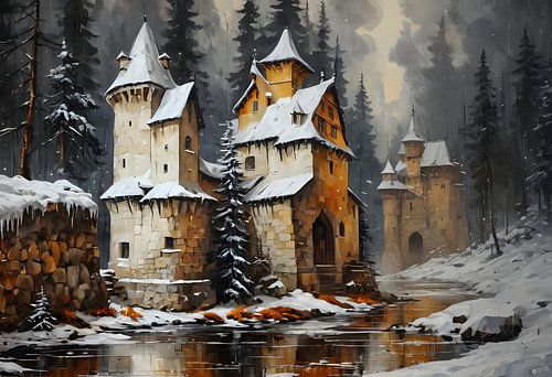 Woodhouse Castle, kasteel in een besneeuwd winterbos