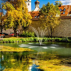 Vijver met fontein in Isny Allgäu met stadsmuur en kerktoren van Dieter Walther