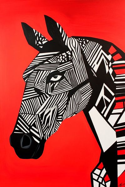 Pferdeporträt in Schwarz-Weiß auf Rot von Poster Art Shop