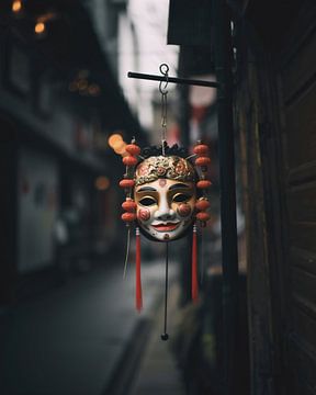 Asiatische Maske in der Straße von fernlichtsicht