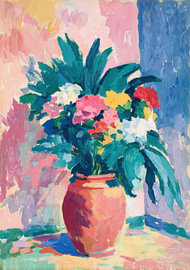 Nature morte florale éclatante dans les tons rose et bleu