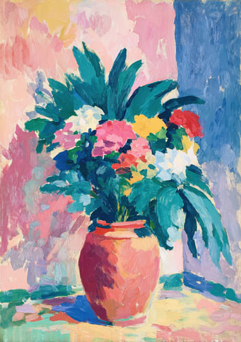 Vibrant Floral Still Life in Pink and Blue